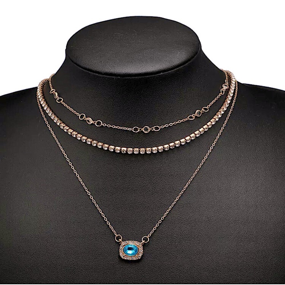 🔵𝟲𝟱%𝗢𝗙𝗙 𝗯𝘂𝗻𝗱𝗹𝗲𝘀 𝟯+🔵 NEW 3 Layered Blue Rhinestone Charm Gold Necklace - Picture 5 of 11